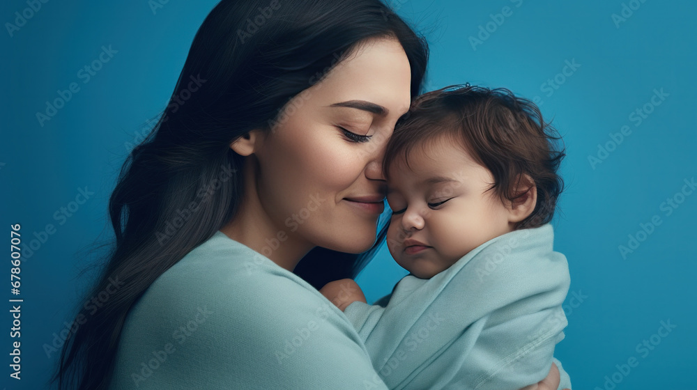 Mother and child on a light blue background embracing, Mothers day concept. Mother and child on a light blue background embracing, Mothers day concept.