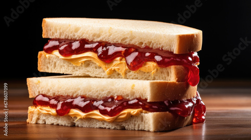 Peanut butter and jelly sandwiches stacked on white background.