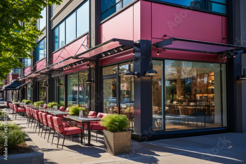 Modern cafe exterior with pink facade and urban outdoor seating
