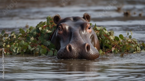 Hippo covered in plants in waterhole, Mana Pools National Park Zimbabwe, Africa.
