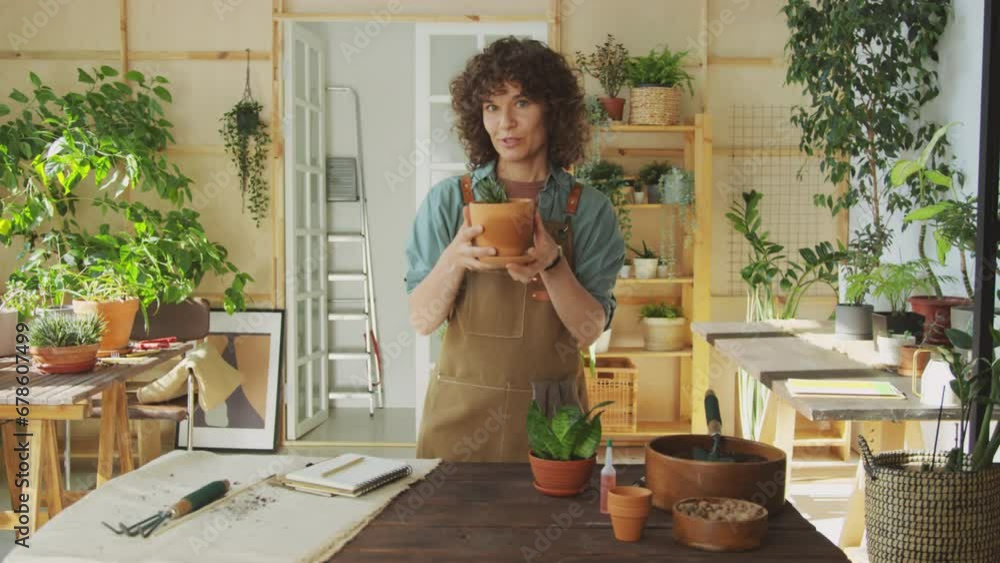 Medium long shot of female botanist talking on camera while filming video about home garden standing next to table with potted plants Medium long shot of female botanist talking on camera while filming video about home garden standing next to table with potted plants
