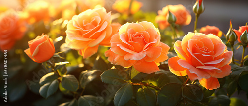 Some beautiful orange roses in the garden in the sun