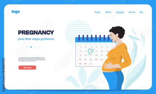 Pregnancy landing page. Mother and baby characters on maternity leave banner, cartoon pregnant woman characters on banner. Vector illustration