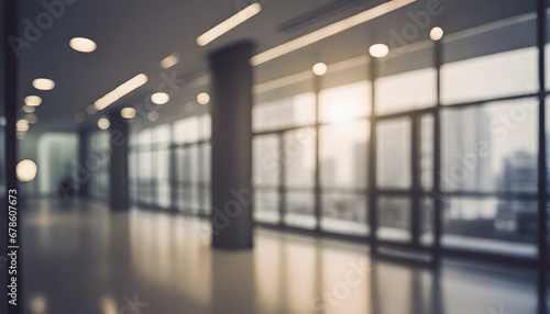 Blurred background of a light modern office interior with huge panoramic windows and beautiful soft lighting - AI Generated Illustration