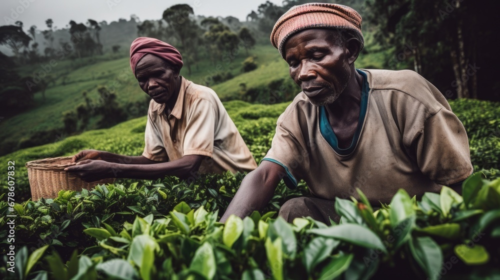 Local men pick tea leaves in Kibale, Uganda.