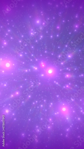 Fantasy galaxy vertical background 8K 9:16. Christmas New Year winter holidays festive backdrop for social media, smartphone. Burst of pink soft blue purple glowing particles rays beams of light bokeh