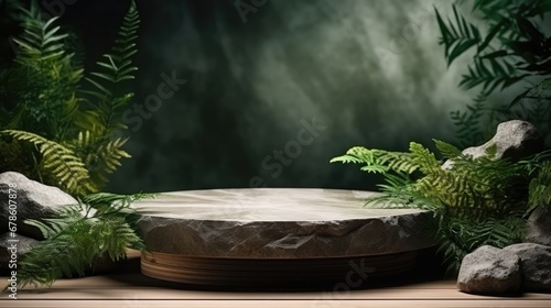 Concrete podium in tropical forest for product presentation and green background.3d rendering