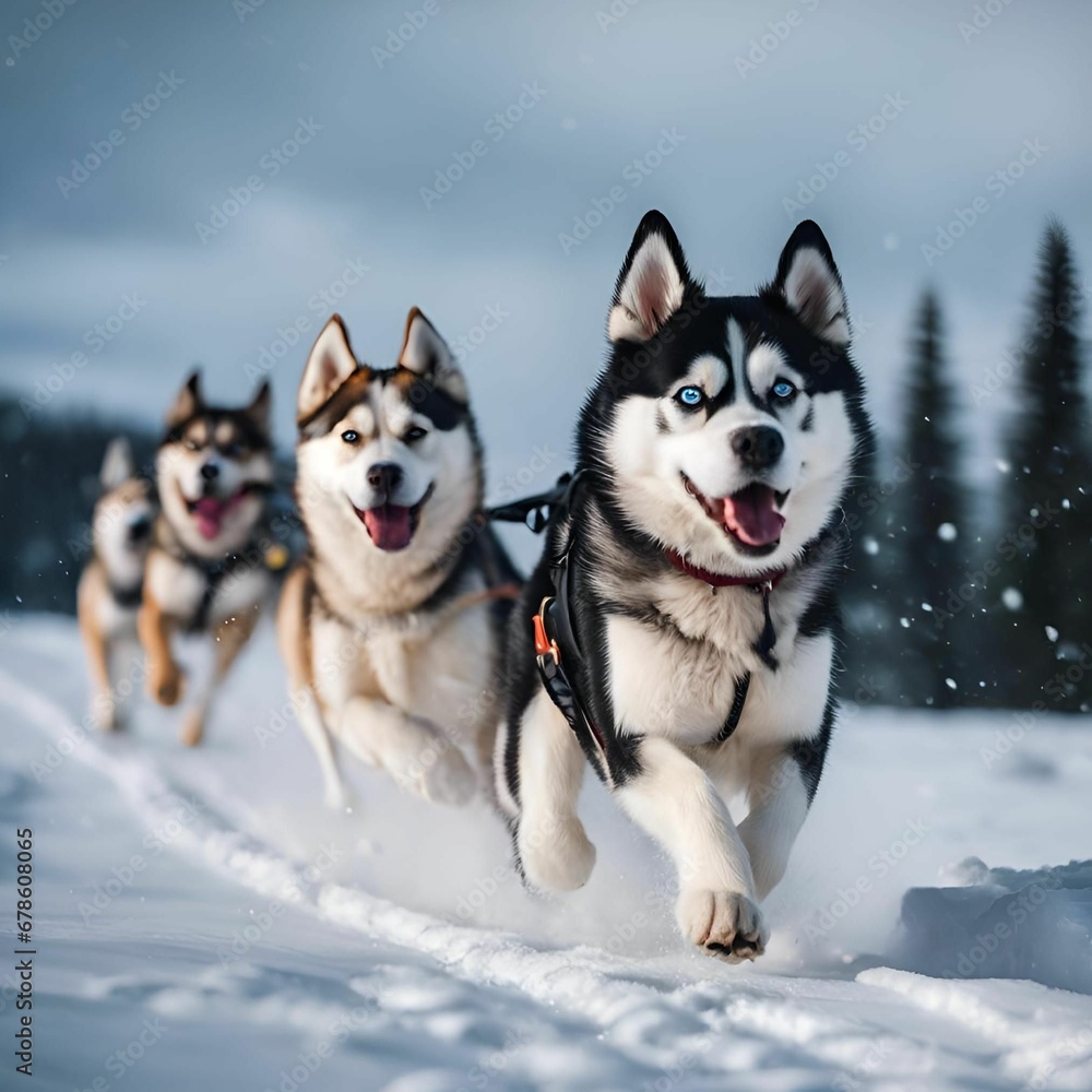 the huskies are pulling their sled up the snowy hill the huskies are pulling their sled up the snowy hill