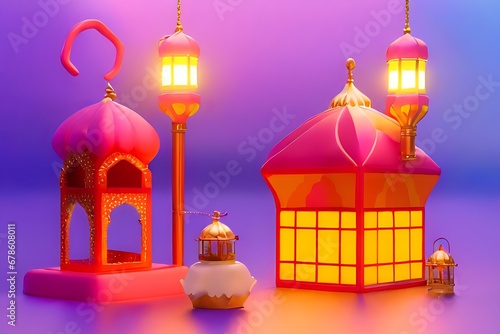 A Night in Ramadan, Colorful Mosque and Lantern with Glowing Lights