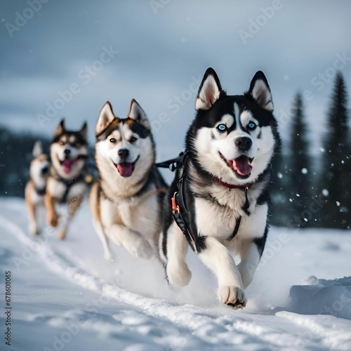 the huskies are pulling their sled up the snowy hill © Wirestock