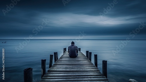 Man is thinking on the edge of pier. Image was shot with long exposure.