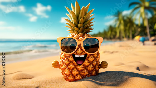 Funny pineapple character with yellow sunglasses on the beach. Summer vacation concept.