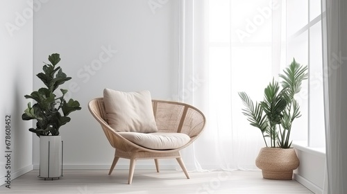 modern interior with comfortable armchair and plant on white background.