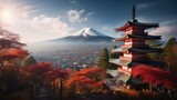 Mt. Fuji with red pagoda in autumn, Fujiyoshida, Japan.