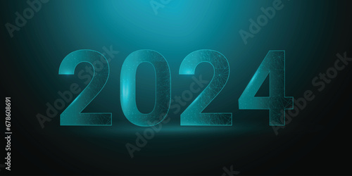 2024 happy new year in technology digital style on blue background. Low Poly lines and dots background.