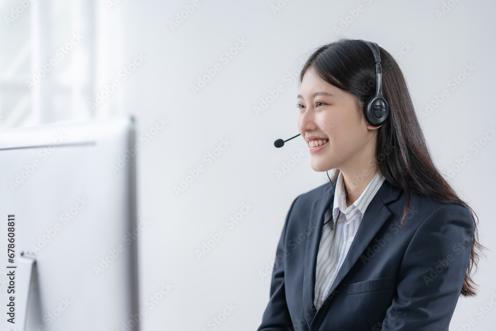 Asian Woman Operator Serving Customers Online Asian Woman Operator Serving Customers Online