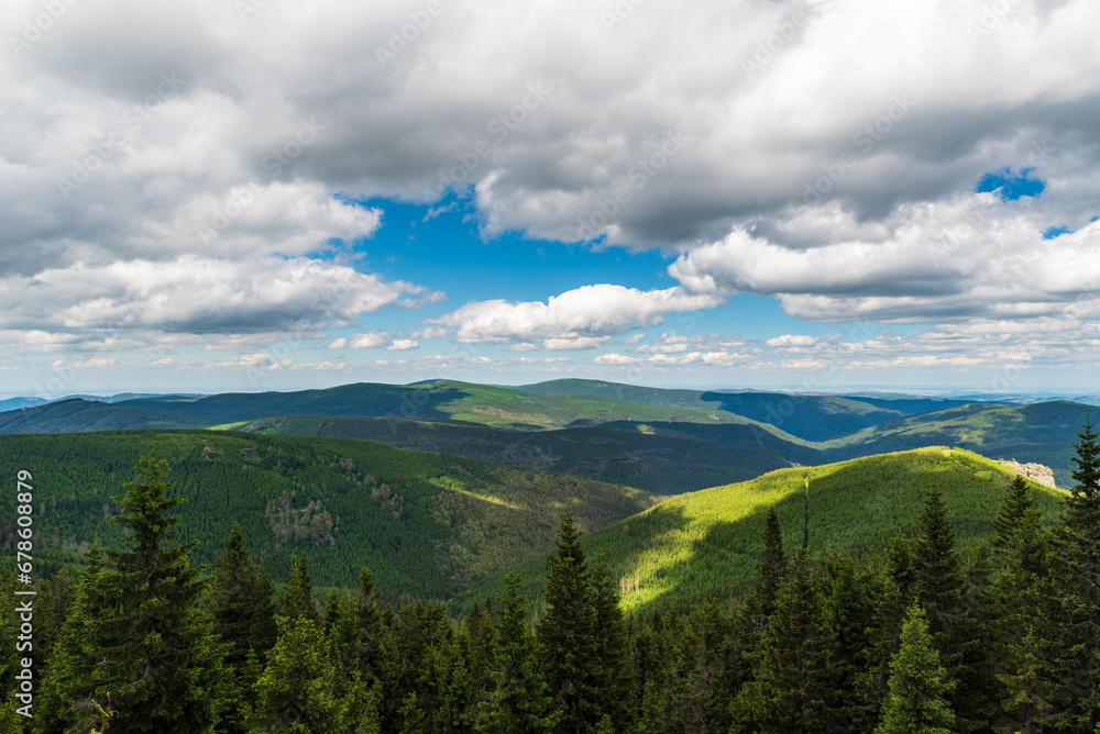 View from Vegetacni chodnik between Svycarna and Sokol hill in Jeseniky mountains in Czech republic - obrazy, fototapety, plakaty 