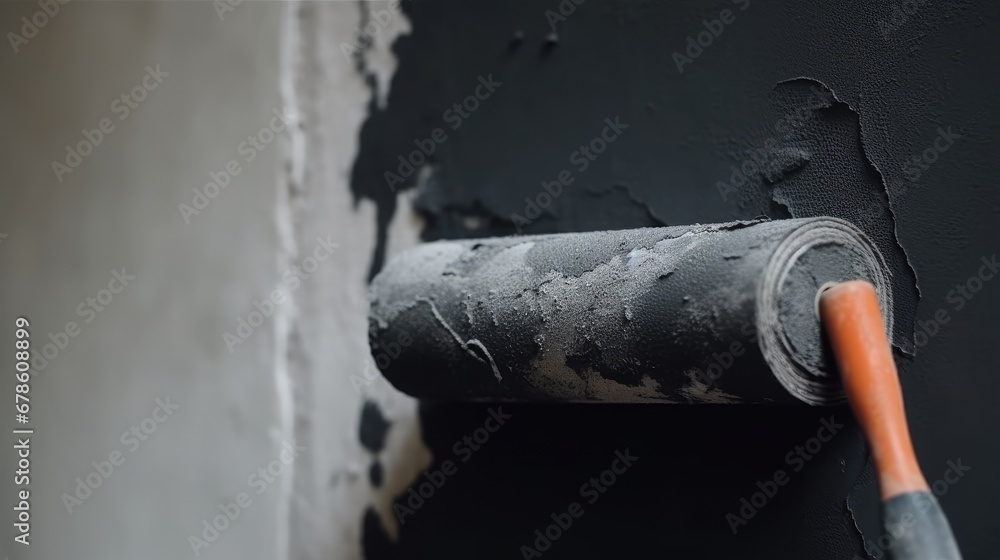 Paint roller on the wall during painting - renovation of the building facade in dark gray. Paint roller on the wall during painting - renovation of the building facade in dark gray.