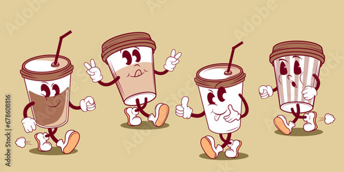 set of retro cartoon character in groovy style..cartoon set of funny cute characters of coffee with different emotions.rubber hose style vector illustration set photo