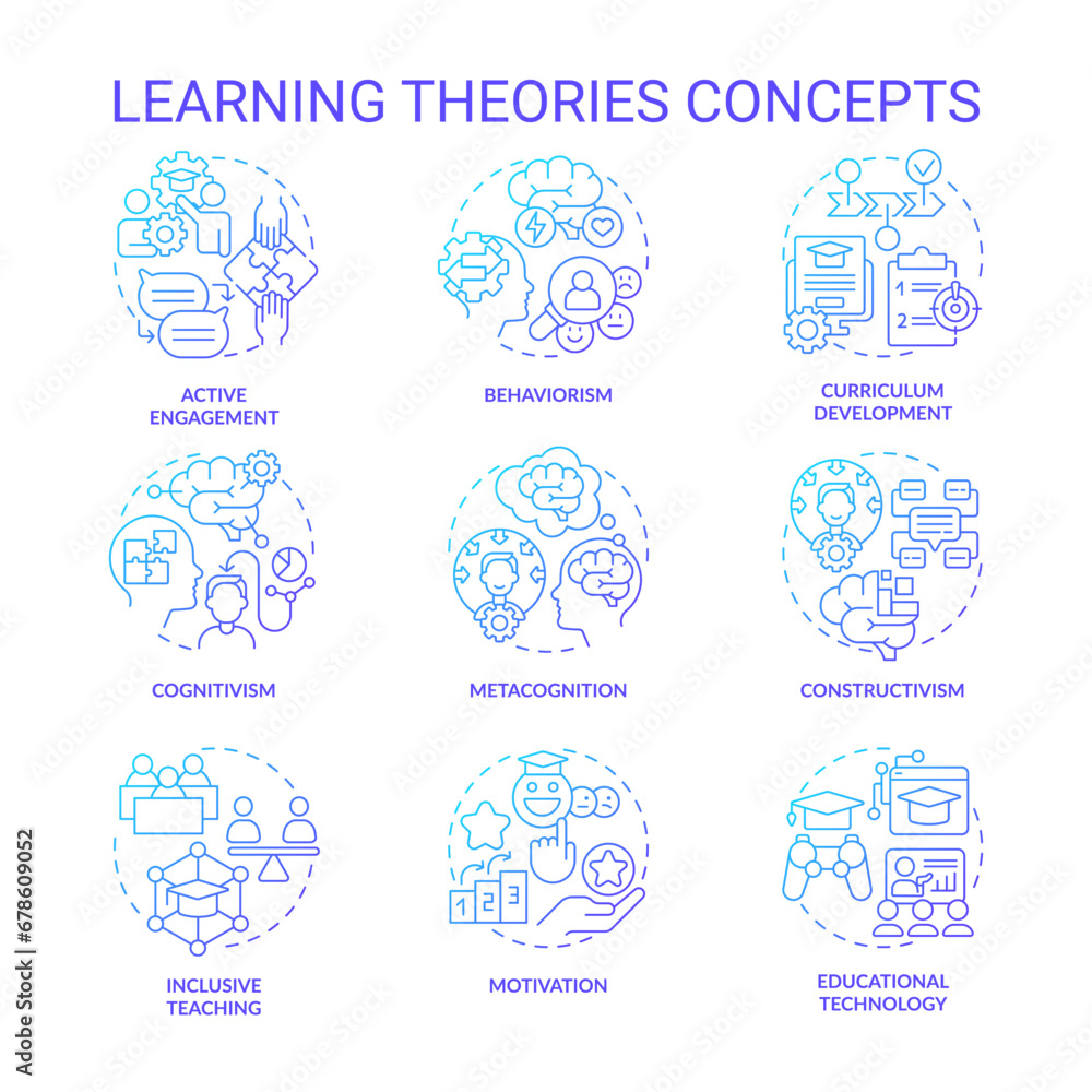 Set of 2D gradient thin line icons representing learning theories, isolated vector, simple illustration. Set of 2D gradient thin line icons representing learning theories, isolated vector, simple illustration.