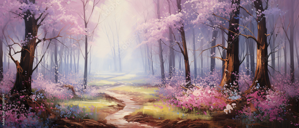 Spring glade in forest with flowering pink and purple flowers