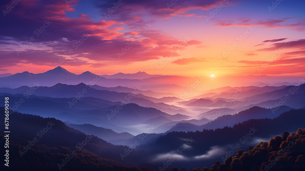 A breathtaking shot of a mountain range at sunrise, with the sky transforming from deep purples and pinks to golden yellows and vibrant oranges, painting a vivid gradient on the horizon.