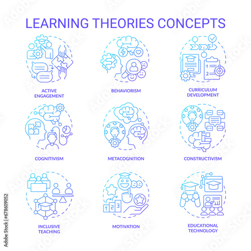 Set of 2D gradient thin line icons representing learning theories, isolated vector, simple illustration.