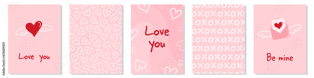 Collection of Valentine's day greeting cards and seamless patterns.