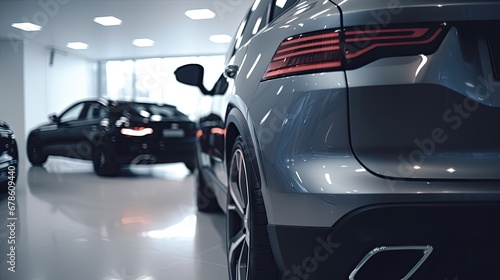 Rearview car parked in luxury showroom. Car dealership office. New car parked in modern showroom. Car for sale and rent business concept. Automobile leasing and insurance concept. Electric automobile.