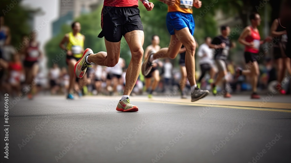 Runners running in city marathon, motion blur on sporty legs.