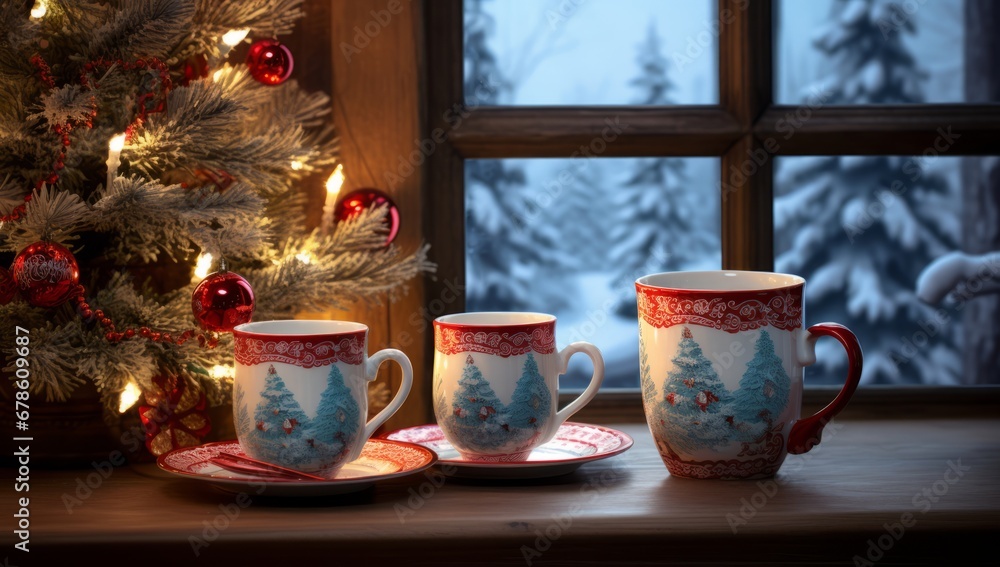 Fototapeta premium Two Cups and a Saucer on a Festive Table in Front of a Christmas Tree