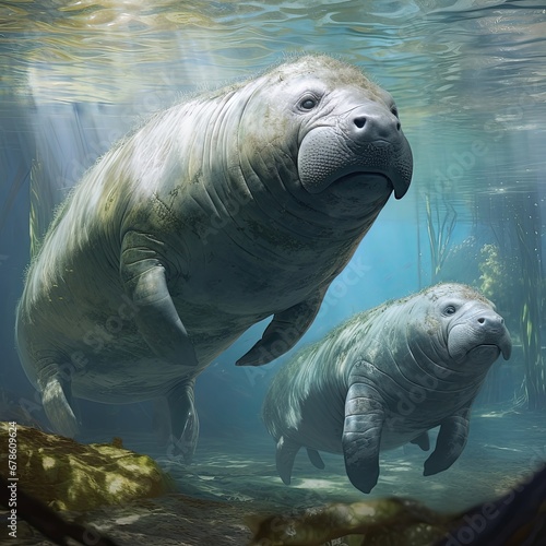 manatees in the sunny water of the river