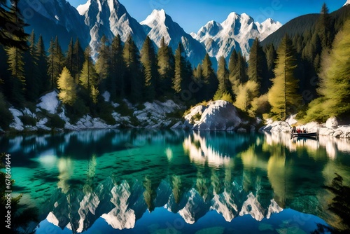 The tranquil beauty of Jasna Lake unfolds beneath the towering peaks of Triglav National Park in Slovenia photo