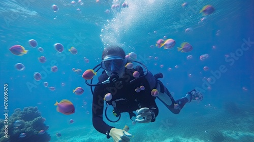 Scuba diver blows air bubble rings underwater.].