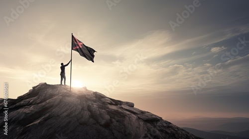 Self overcome concept as a person on the top raises the finish flag after climbing the mountain obstacles competing with other rivals. Road to win with up and downs, success achieving and conquer.