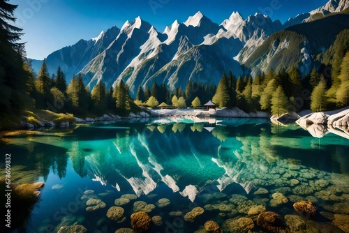 The tranquil beauty of Jasna Lake unfolds beneath the towering peaks of Triglav National Park in Slovenia photo