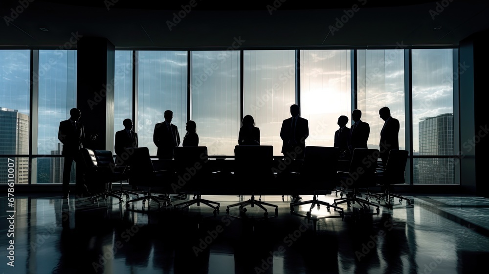Silhouettes of business people in a conference room.