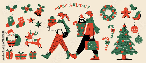 A set illustration of a couple enjoying Christmas shopping and Christmas accessories