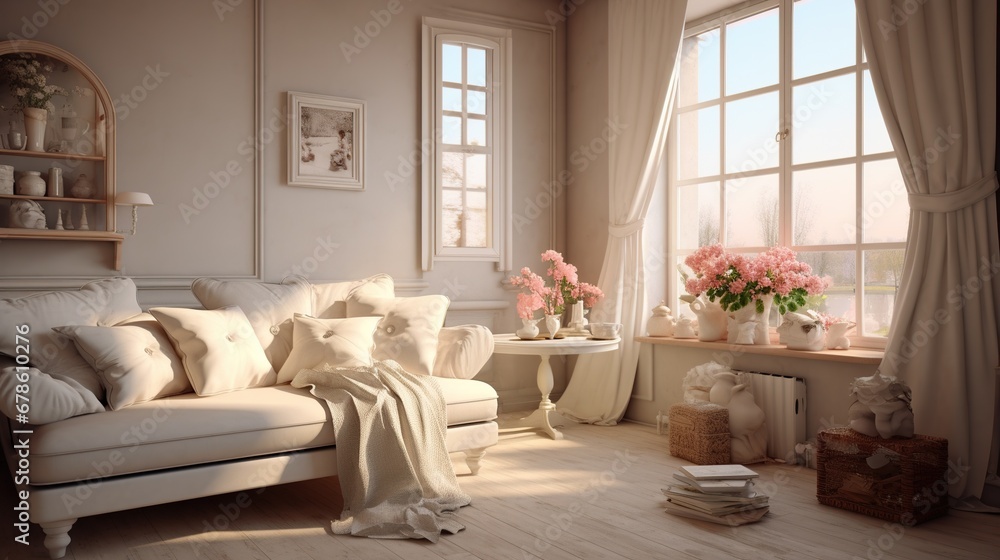 Fototapeta premium Modern cozy living room. Chabby shic style. Pastel colors