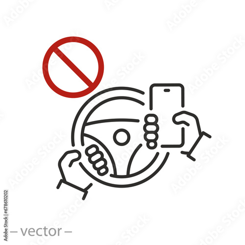 icon of using a phone while driving is prohibited, stop steering wheel with mobile, thin line symbol on white background - editable stroke vector illustration eps10 © Yurii