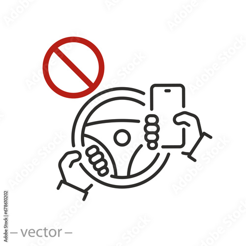 icon of using a phone while driving is prohibited, stop steering wheel with mobile, thin line symbol on white background - editable stroke vector illustration eps10