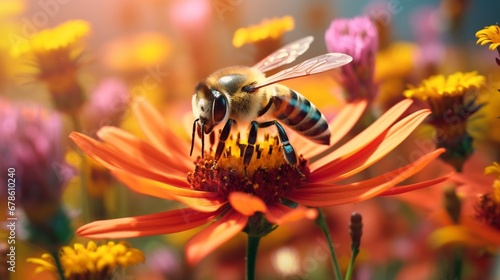 A bee collecting nectar from a cluster of brightly colored wildflowers, highlighting the essential role of pollinators in the natural world. © rehman