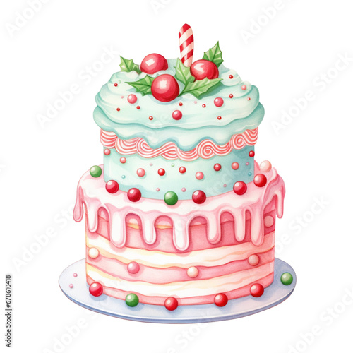 Watercolor sweet dessert cake for Christmas festival, anniversary day, birthday isolated on transparent background 