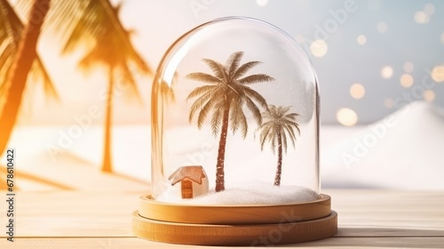 Sunny resort with palm trees in a gift box under a glass dome surrounded by snow  escape from cold concept.