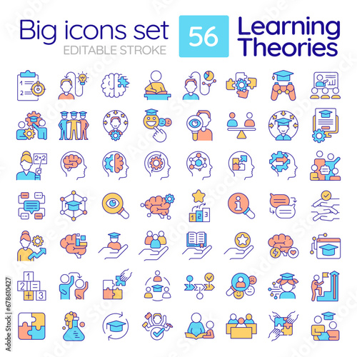 Editable multicolor big line icons set representing learning theories, isolated vector, linear illustration.