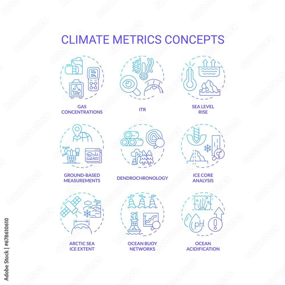 Collection of 2D gradient thin line icons representing climate metrics, isolated vector, linear illustration. Collection of 2D gradient thin line icons representing climate metrics, isolated vector, linear illustration.