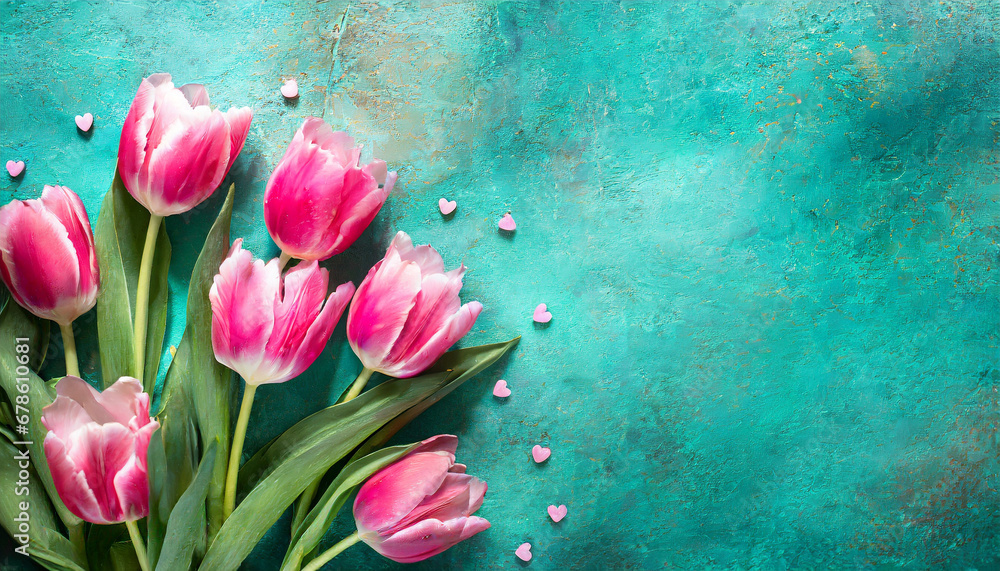 Pink tulips on turquoise background with copy space. Top view Pink tulips on turquoise background with copy space. Top view