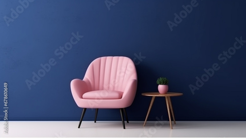 Modern room interior with baby pink armchair and table with dark blue color wall. generative ai