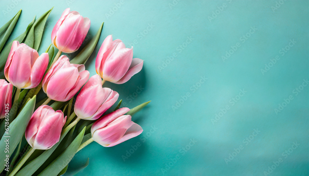 Pink tulips on turquoise background with copy space. Top view Pink tulips on turquoise background with copy space. Top view