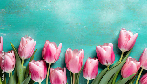 Pink tulips on turquoise background with copy space. Top view